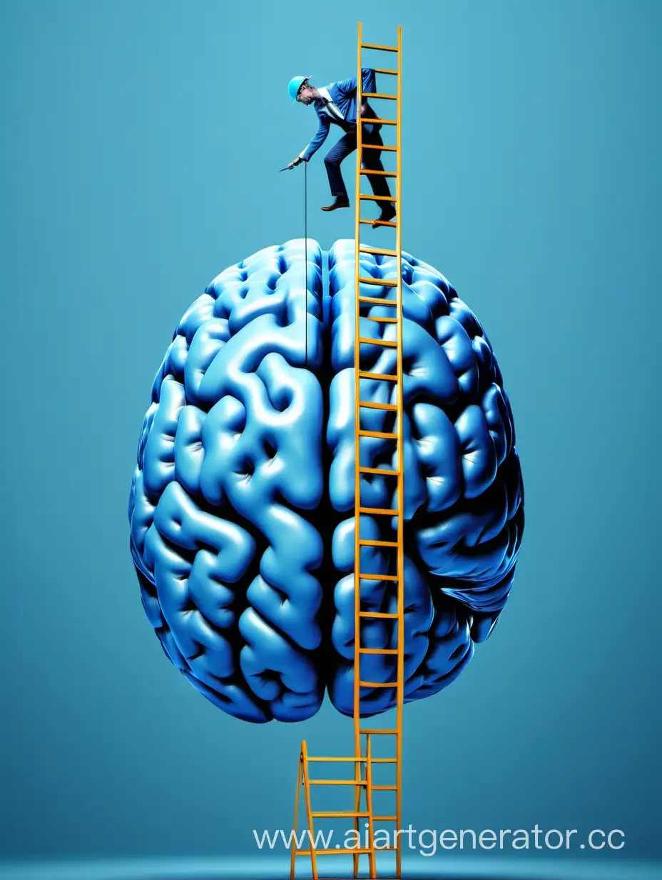 синий мозг с лестницей и человек лезит по лестнице
