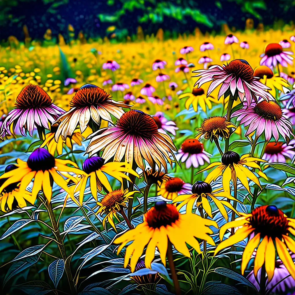 field of flowers featuring purple echinacea, black eyed susan, and goldenrod