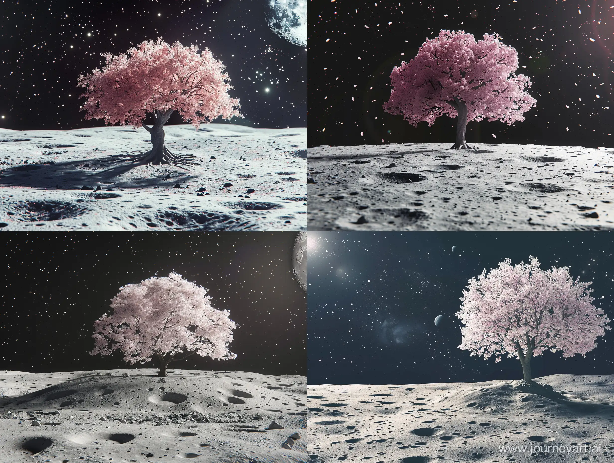 A sakura tree on the moon surface, realistic