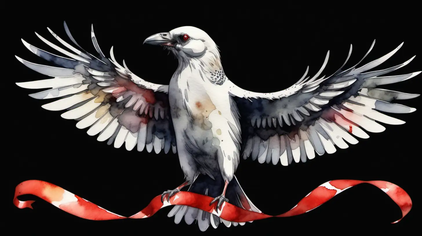 white crow with spread wings, in the beak with a long red ribbon, watercolor style, black background, 