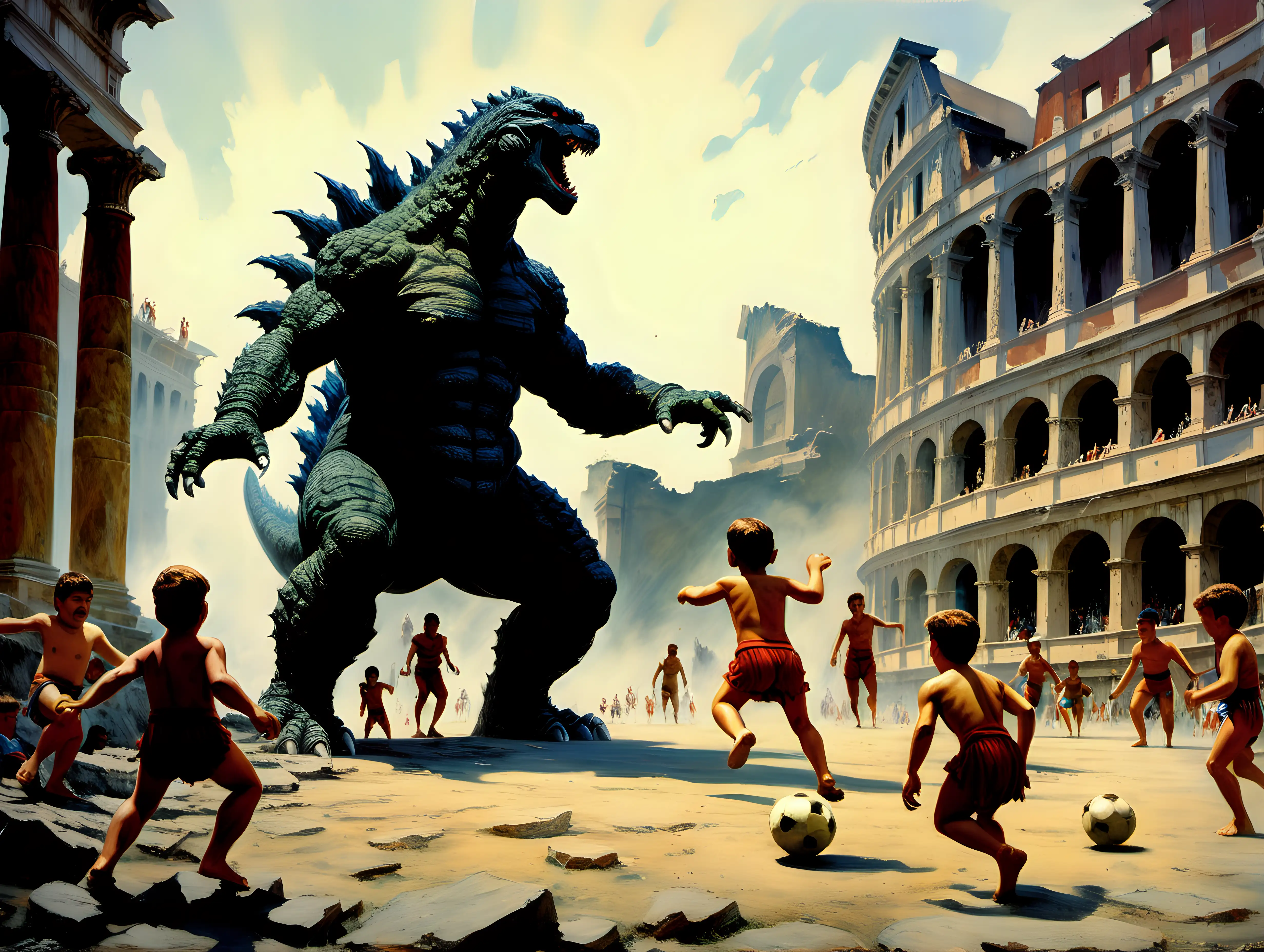 Godzilla and Gladiators Playing Soccer with Children in Roman Coliseum