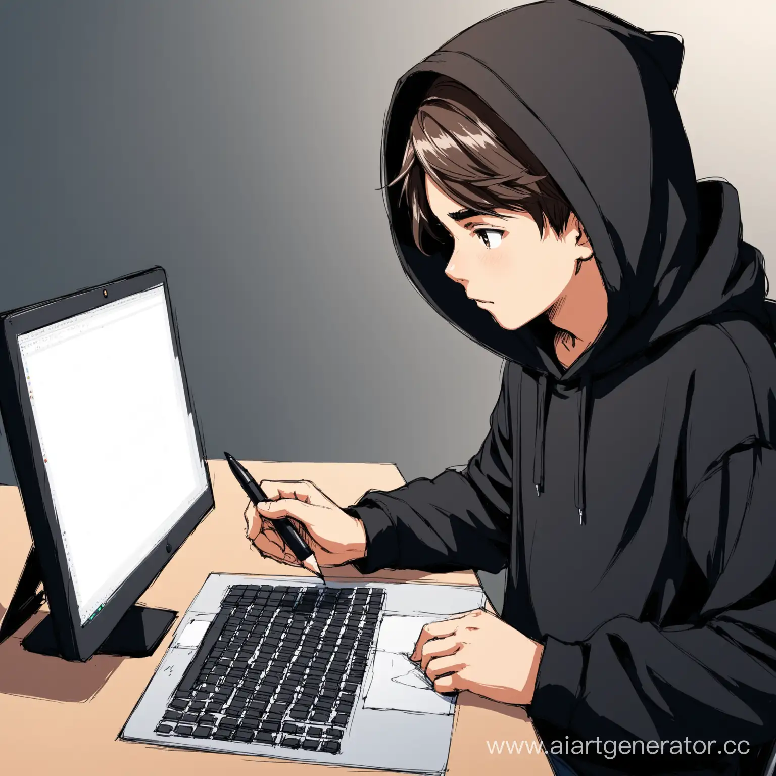 подросток в черной худи через компьютер публикует свой рисунок 
