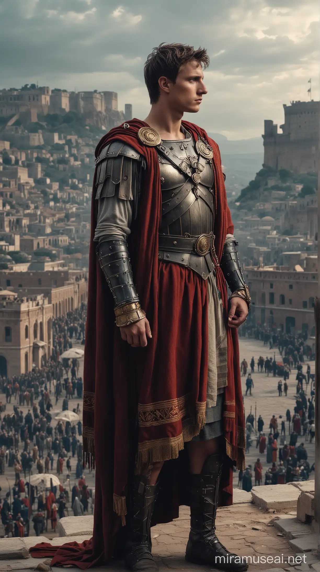 Augustus standing tall in his emperor in moody city in king attire
