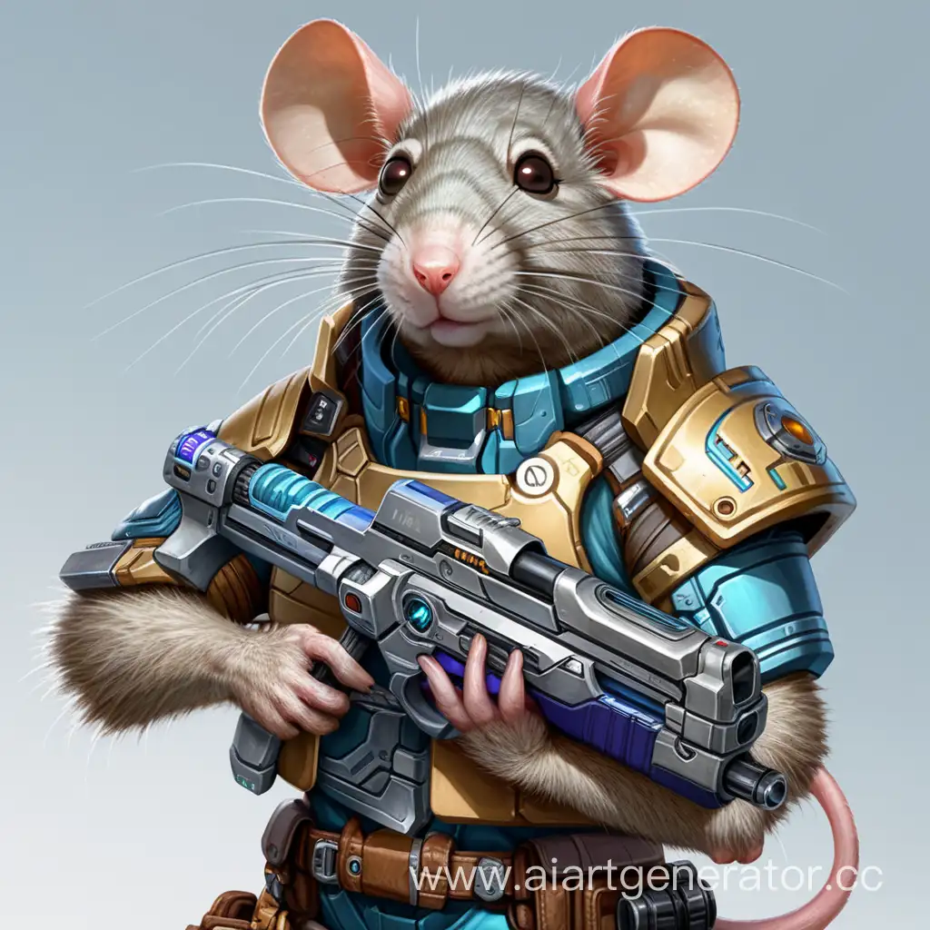 Rat anthropomorphic, short height, high tech,science fiction, futuristic heavy armor, starfinder ttrpg, holding laser rifle