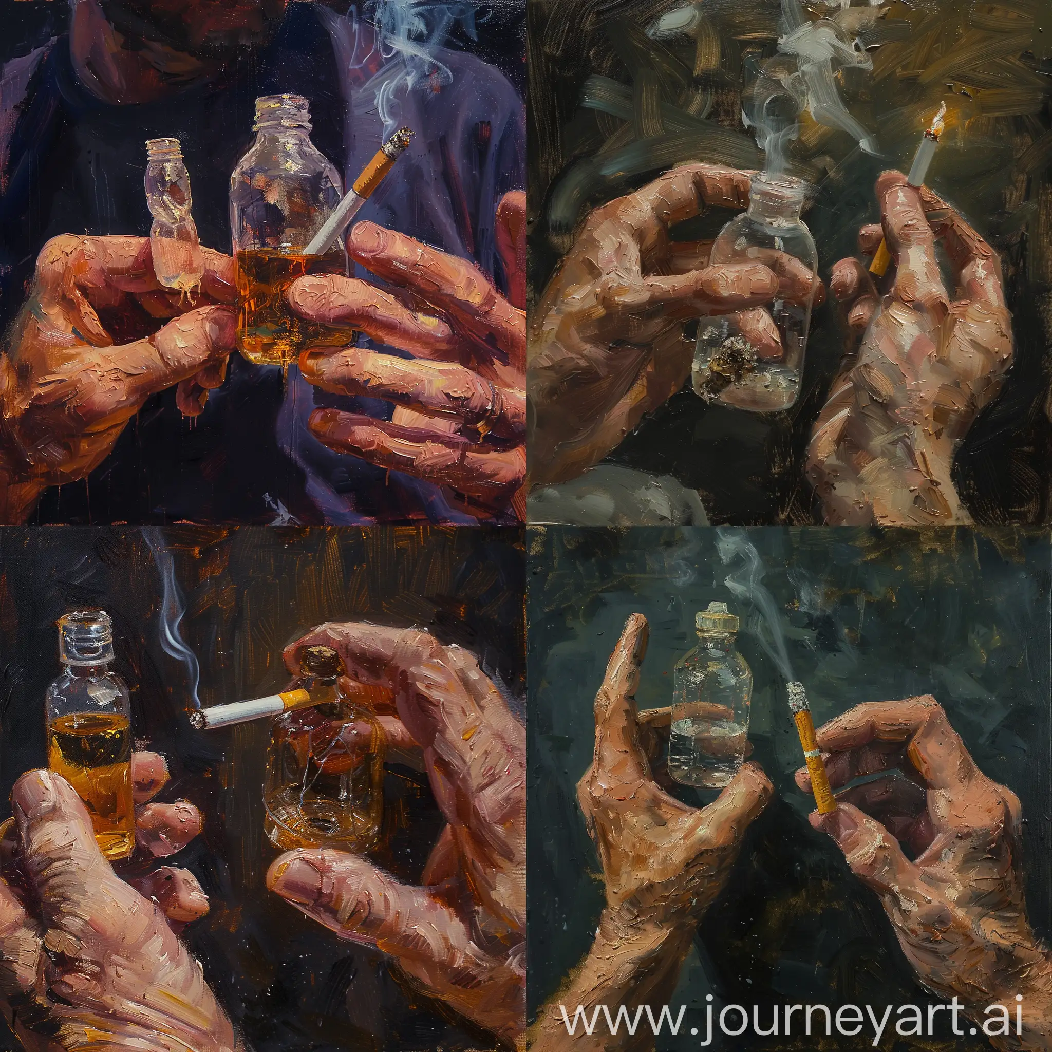 an oil painting with rough strokes, in one hand a small plastic bottle with a hole at the bottom, in the other hand a lit cigarette