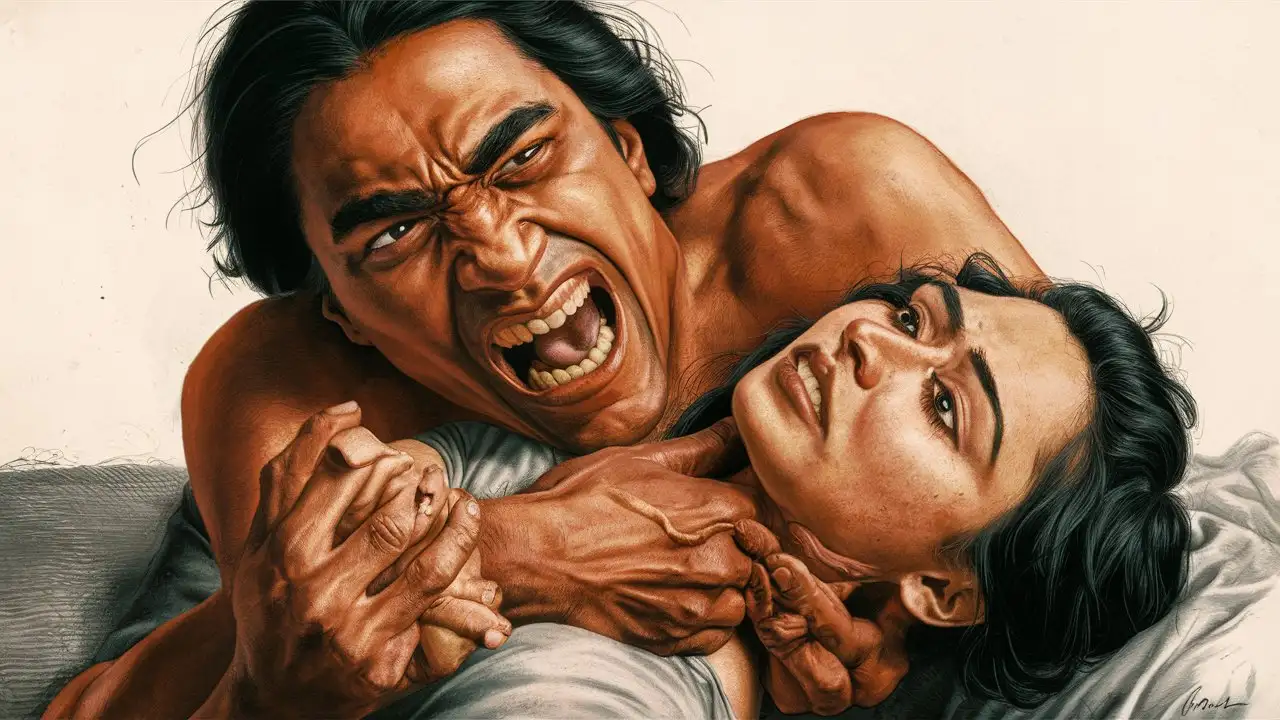 Angry indian man strangling a woman, clear face expressions, detailed, 
