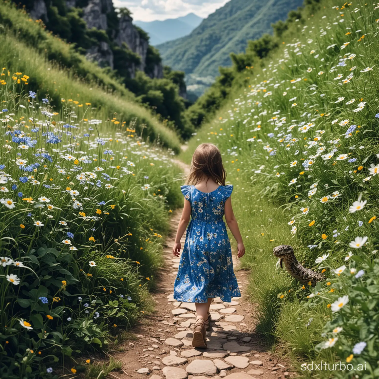 A little girl in a blue floral dress, walking on a mountain path surrounded by flowers and grass on both sides, encountered a python coming towards her.