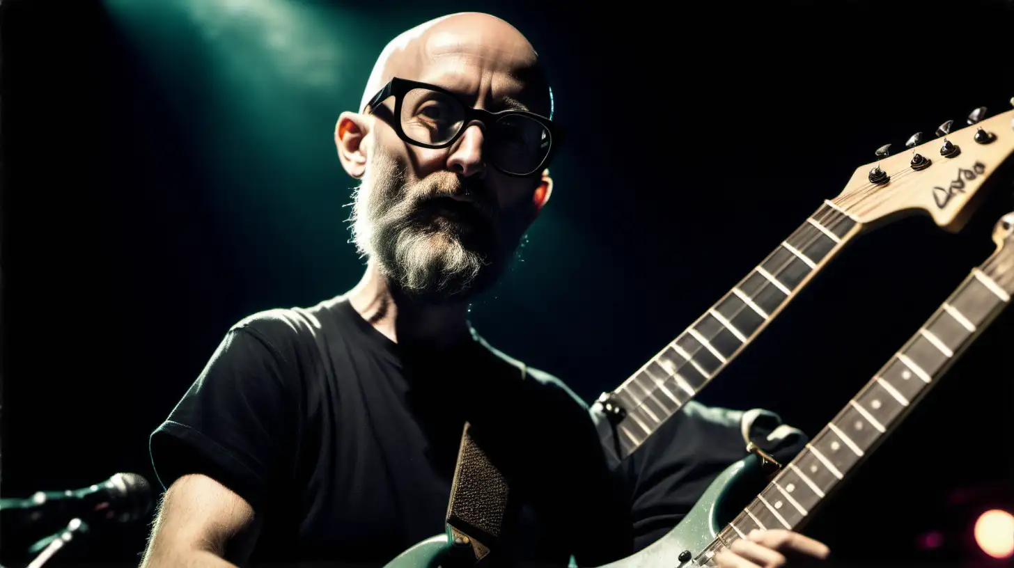 moby, clear facial features, black glasses, with big beard, fatter, playing guitar in a rock band, retro look, Cinematic, 35mm, 28mm lens, f1.8, accent lighting, global illumination, -uplight - v5.2 - q2