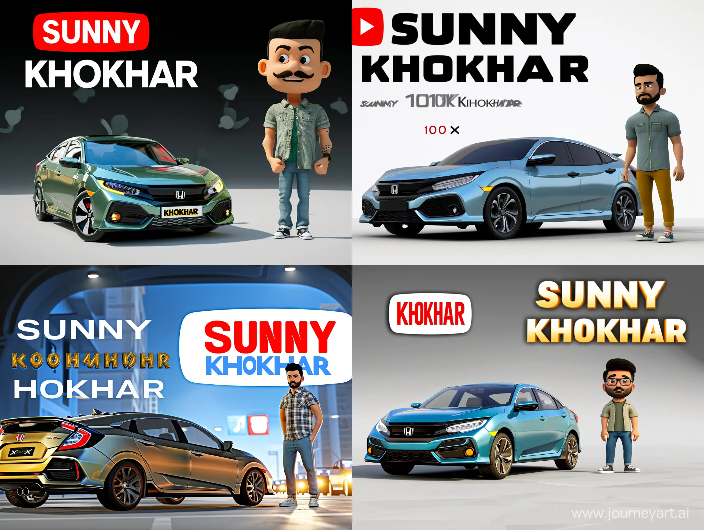 Create a 3D illustration of an animated character standing in front of a tenth 10th generation civic x sedan. The civic must be wrapped in a Youtube social media profile page. character details a young man in his thirties standing casually right next to his car wearing casual clothes such as a shirt jeans sneakers short hair and short beard moustache. social media page details user name SUNNY KHOKHAR. Followers 100k. The background of the image is a social media profile of Youtube page with a user name “SUNNY KHOKHAR” and a profile picture that match.