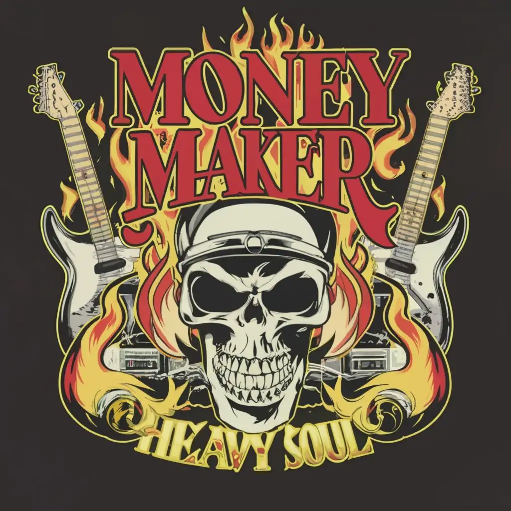 logo, Rock Band, with the text "Money Maker", typography. Make a slogan on the top with text Heavy Soul. logo is in the head of hotrod with guitars on fire, amps and skulls. Make letters stand out more with sharp letters and clear space between letters