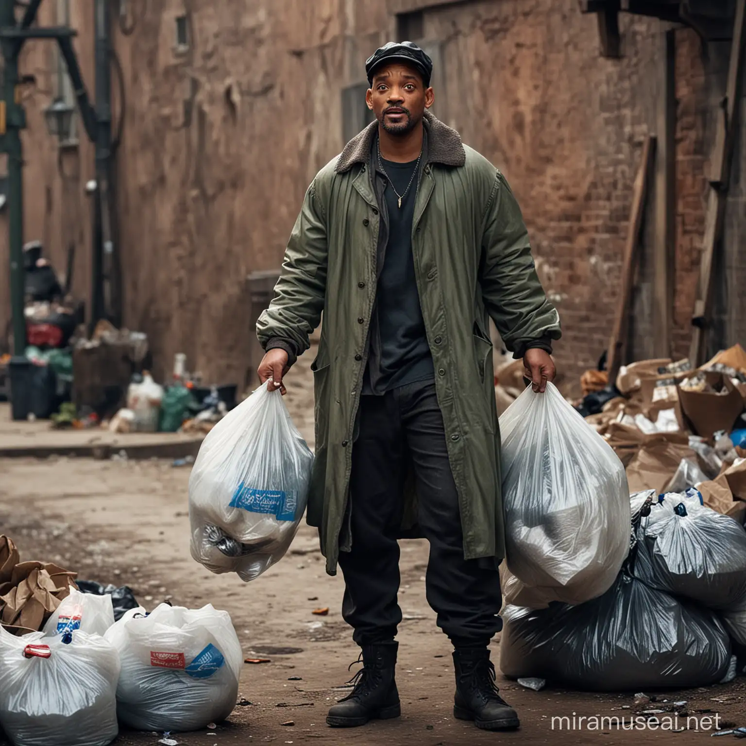 Will Smith dressed as a tramp, with bottles and trash bags, 32K, detailed texture, cinematic