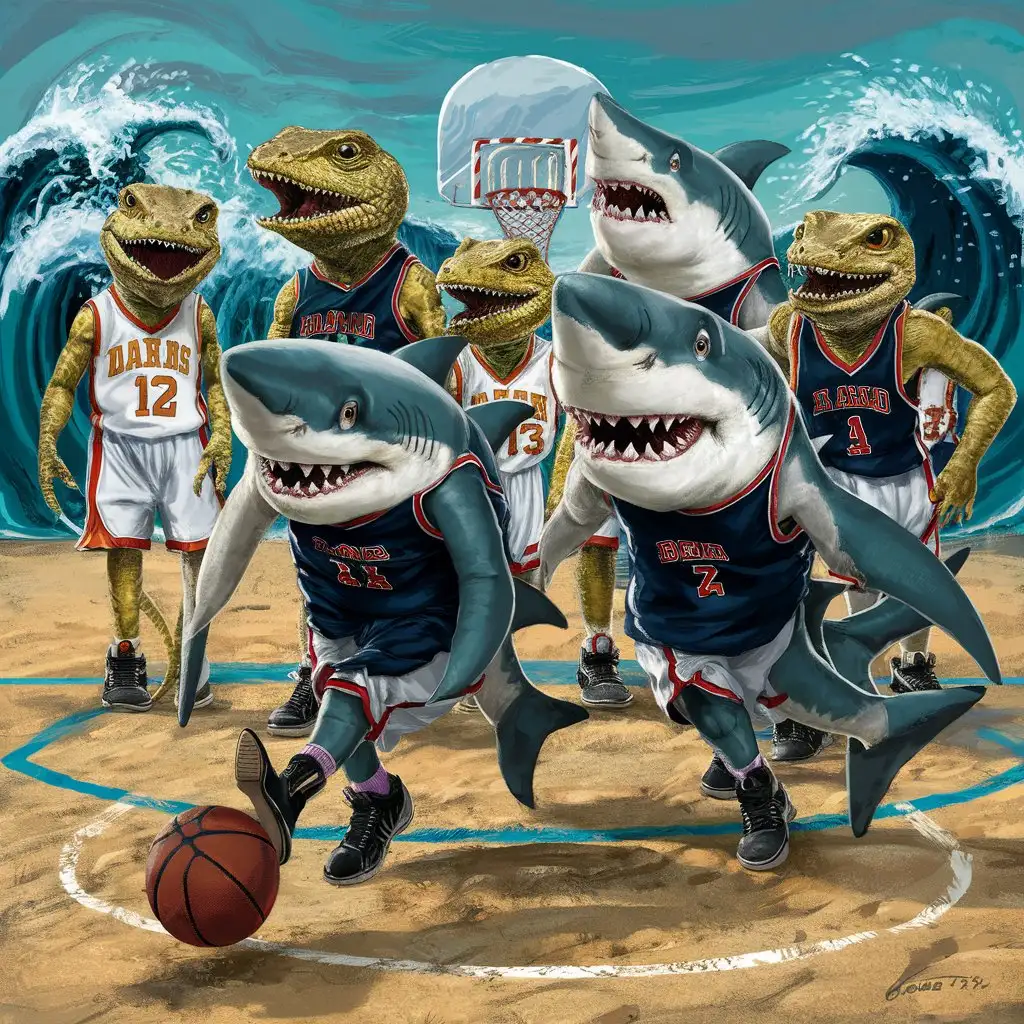 sharks and lizards
playing basketball