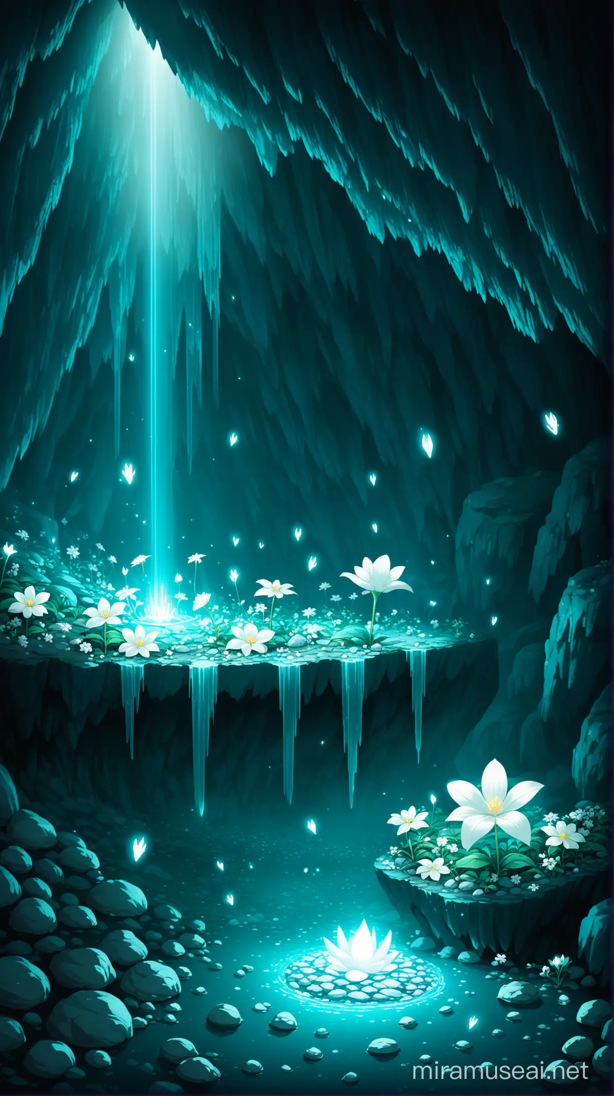 a lot of treasures inside a cave, there is a white glowing flower that grows in the middle of the cave