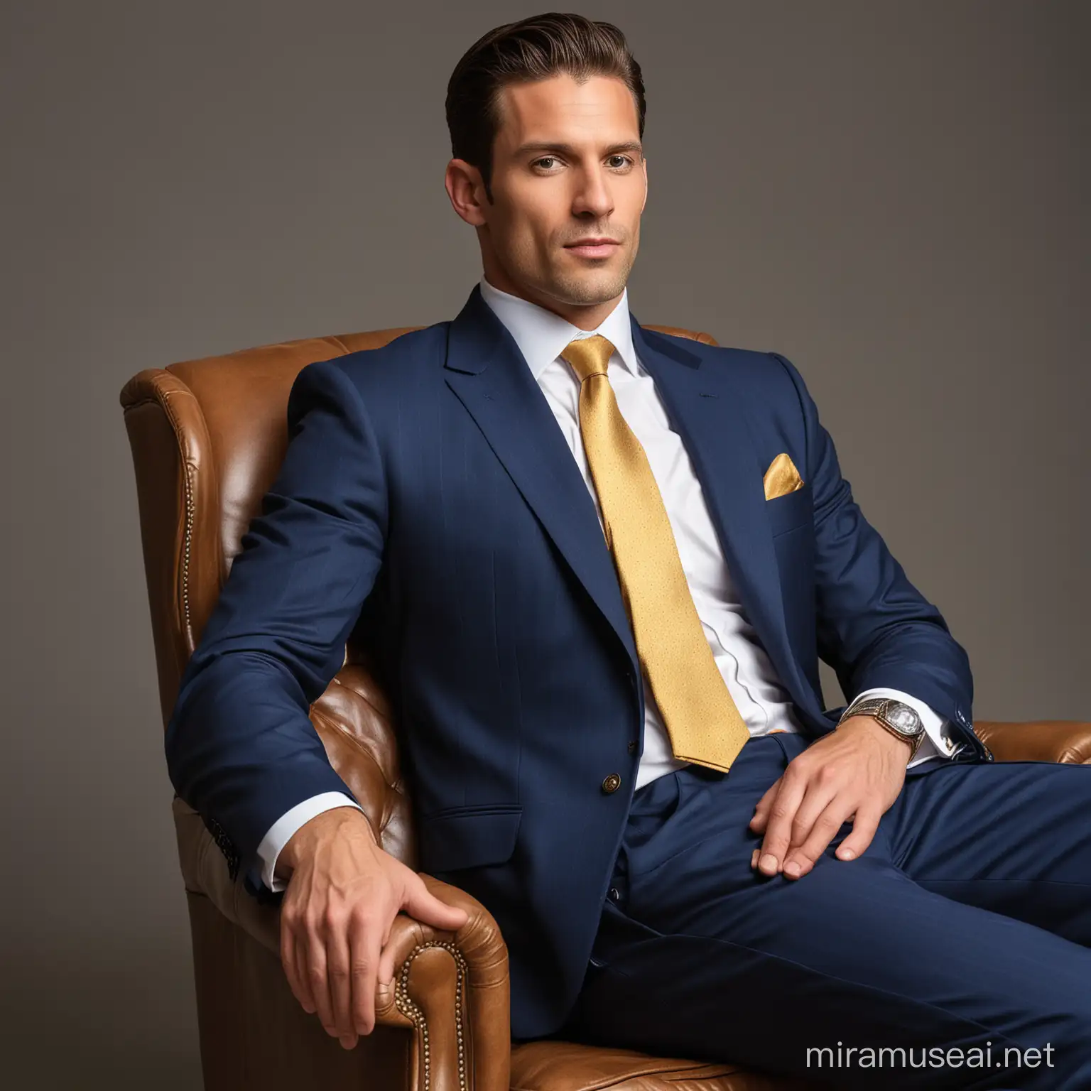 A handsome 35 year old businessman in a three piece navy pinstripe suit and smart shoes, standing behind him a distinguished 30 year old cleanshaven pastor in a blue suit with a gold tie reaching inside the 55 year old's jacket pocket and taking his pocket square. The 35 year old man is lying on a reclining chair gasping for air. Realistic photo.
