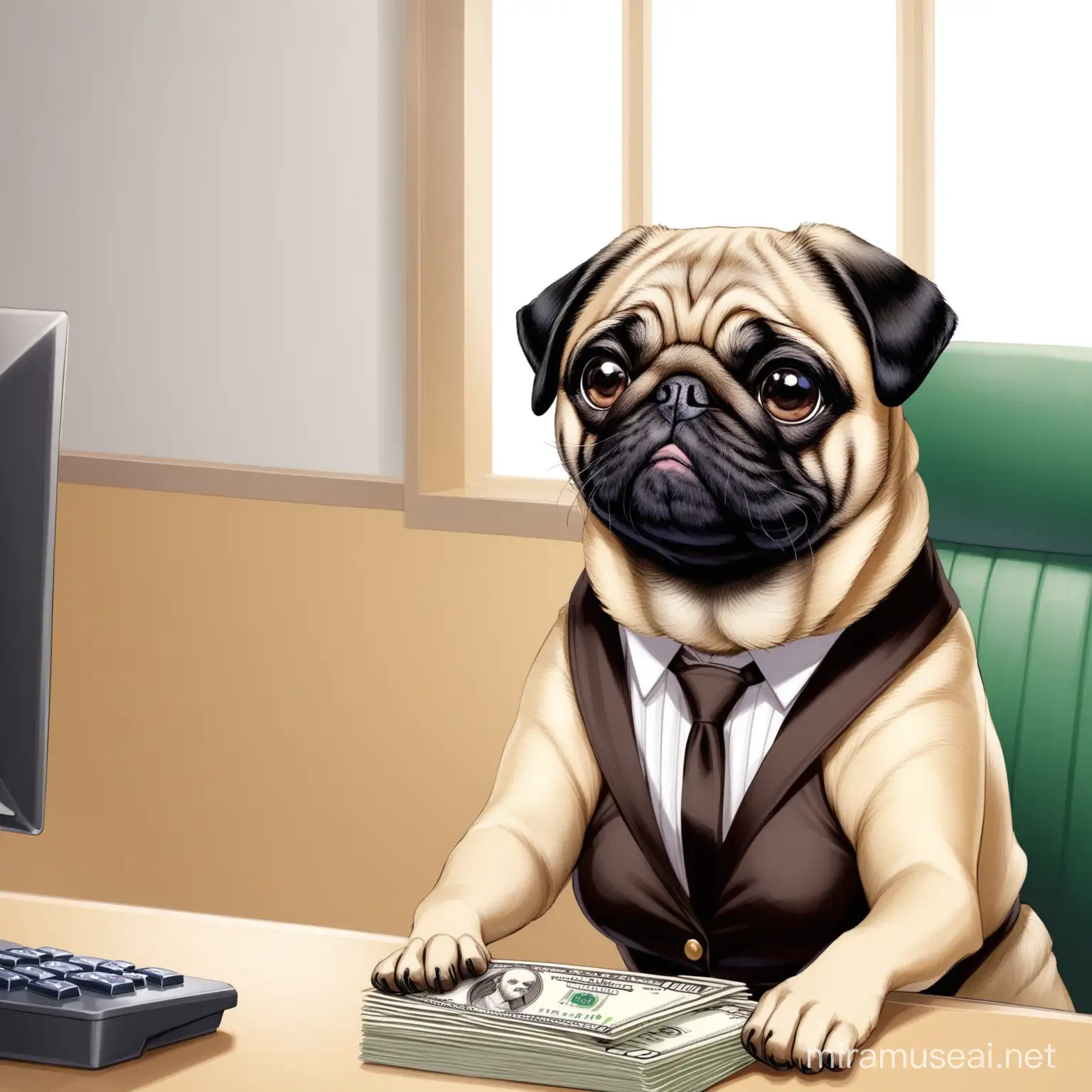 Female Pug Working as a Bank Teller