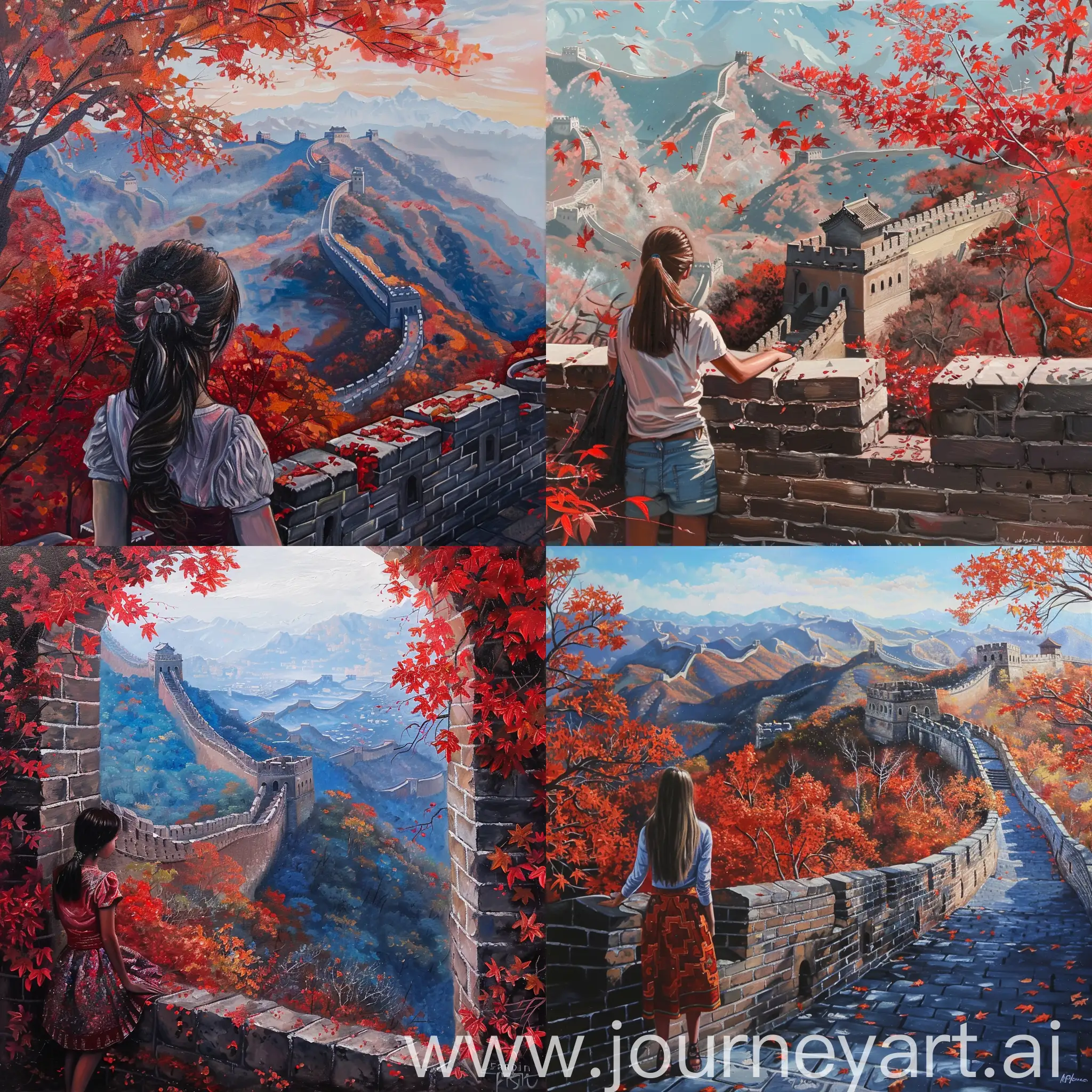 画一幅油画，背景是香山红叶，一个美丽的姑娘在长城游览。
