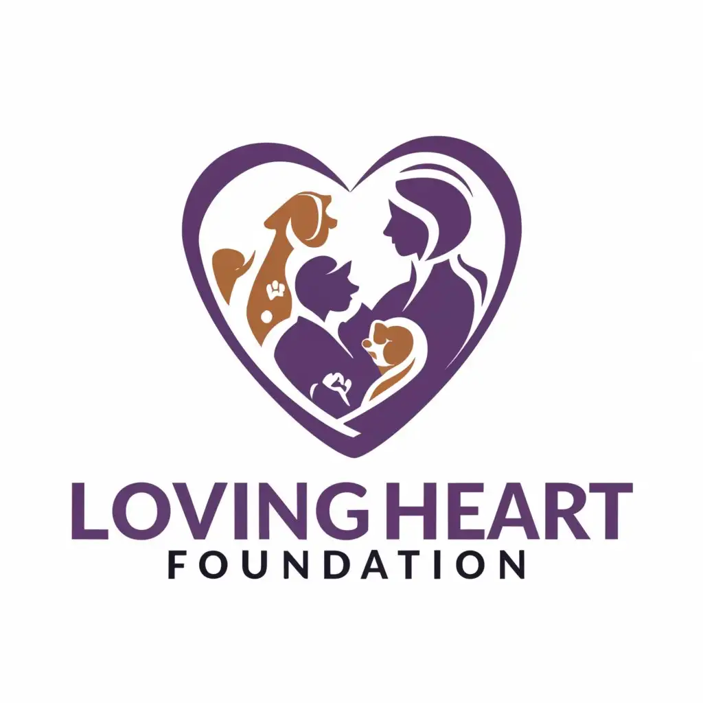 a logo design,with the text "Loving Heart Foundation", main symbol:heart, mother, children, cats and dogs, purple, lavender,complex,be used in Religious industry,clear background