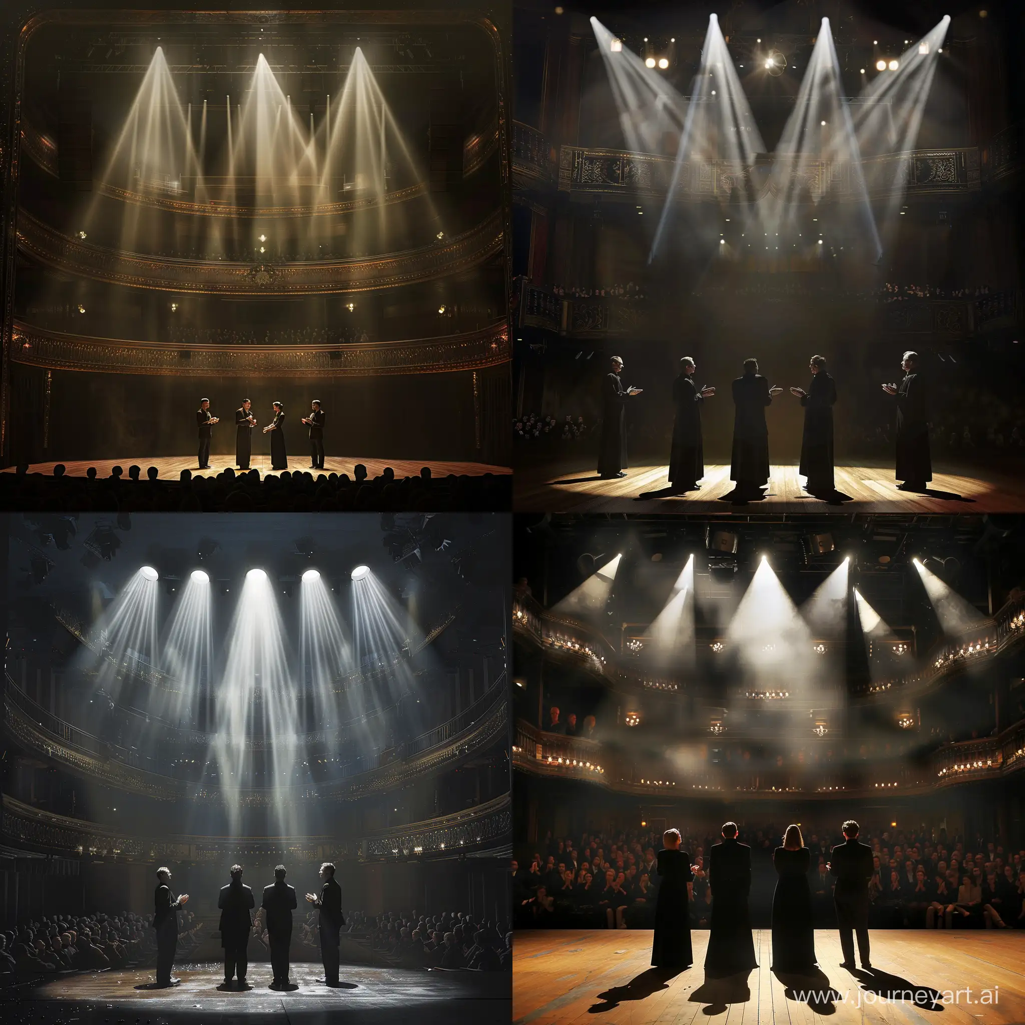 4 актера в черной одежде стоят на сцене большого театра, сцену освещают прожектора, зрители хлопают, арт, реалистичный