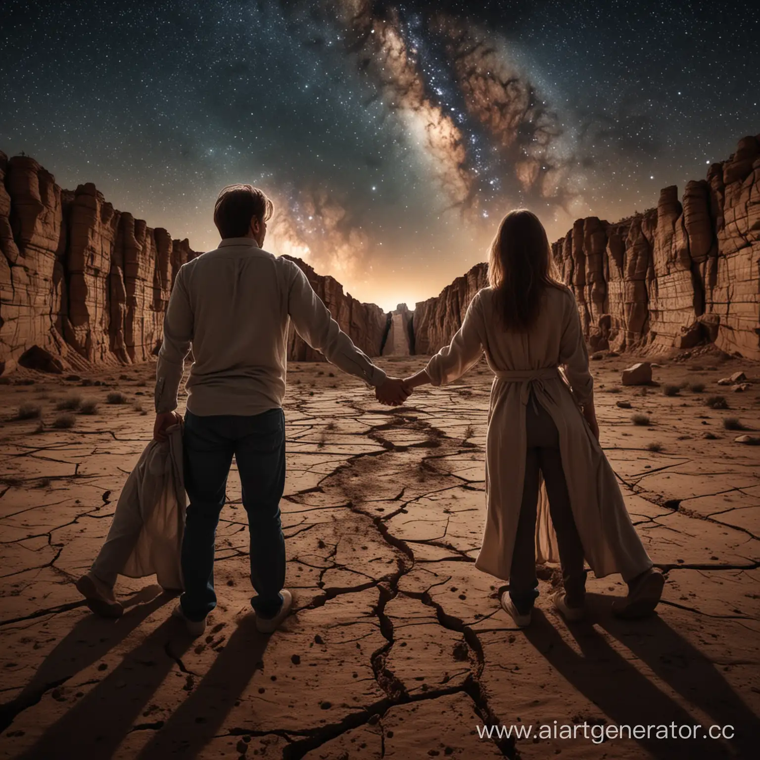 Couple-Holding-Hands-Over-Earth-Rift-Under-Starry-Sky