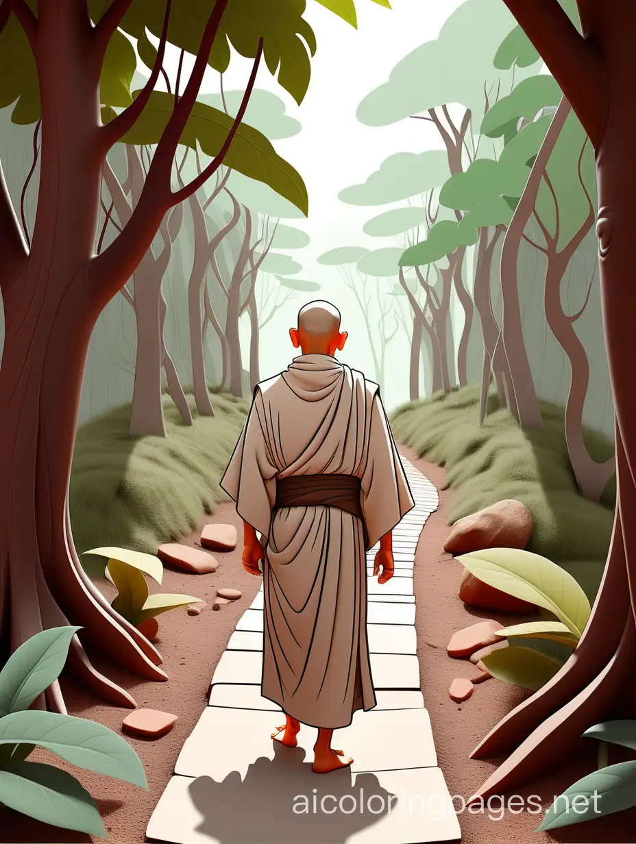 Color picture an old monastery with monks, a tropic that leads to the for forest A small monk, dressed in simple earth-colored robes , walks along a path. The monk is absorbed in the beauty of the forest, Coloring Page, black and white, line art, white background, Simplicity, Ample White Space. The background of the coloring page is plain white to make it easy for young children to color within the lines. The outlines of all the subjects are easy to distinguish, making it simple for kids to color without too much difficulty, Coloring Page, black and white, line art, white background, Simplicity, Ample White Space. The background of the coloring page is plain white to make it easy for young children to color within the lines. The outlines of all the subjects are easy to distinguish, making it simple for kids to color without too much difficulty