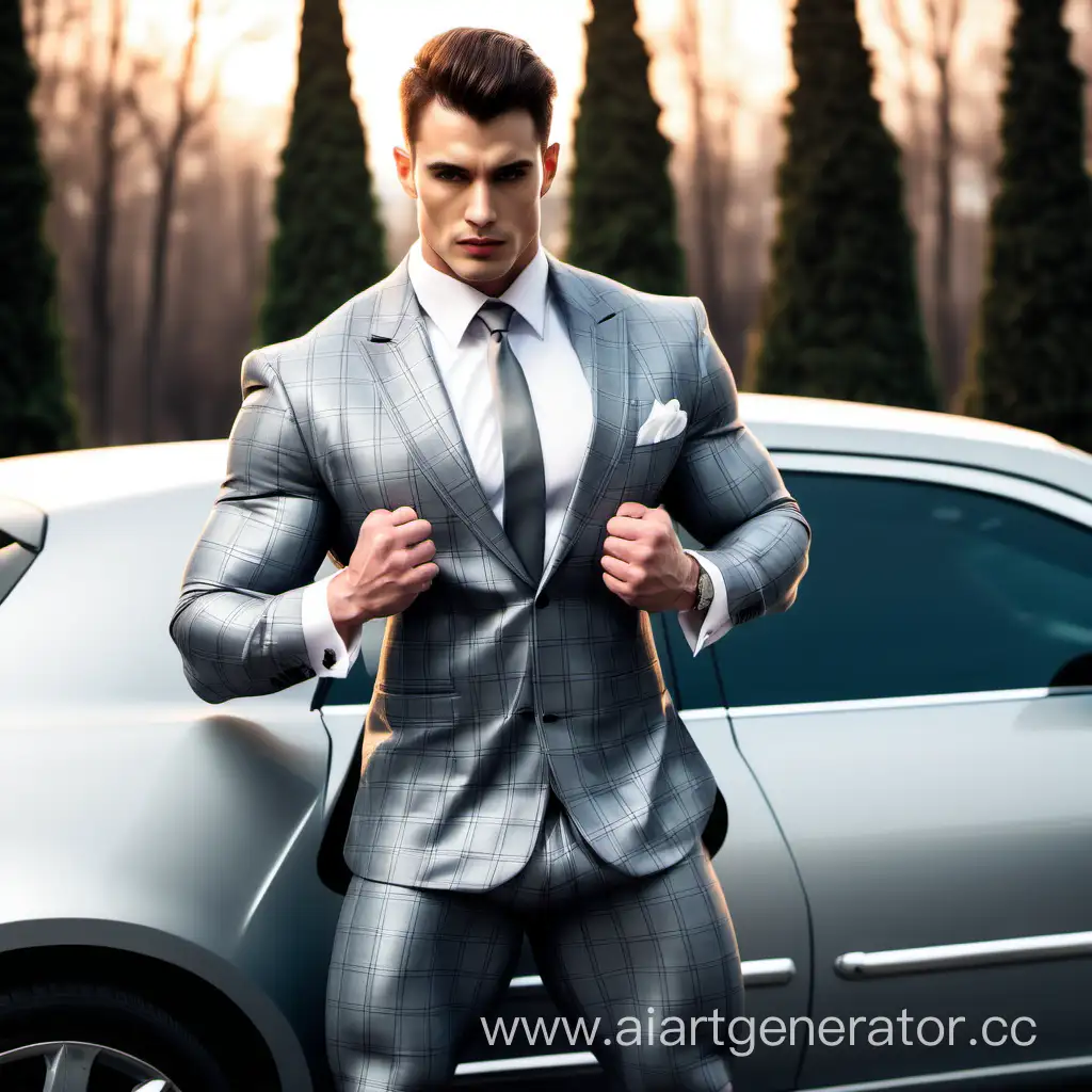 Muscular-Man-Attempting-to-Lift-Car-in-Gray-Checkered-Tuxedo
