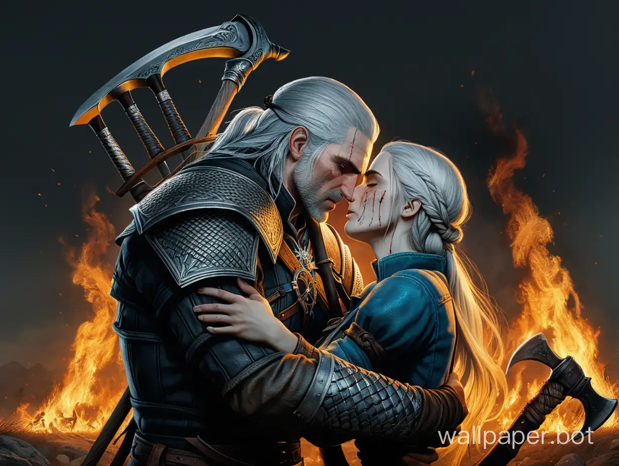 Geralt cries, his face sad, embracing his wife, a heart pierced by Death's scythe, and Death stands nearby with a scythe, and everything around is burning.