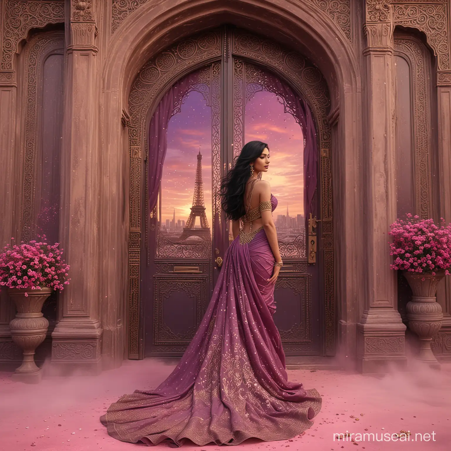 Enigmatic Woman Enchanted by Fairy Whispers under Dark Pink Sky