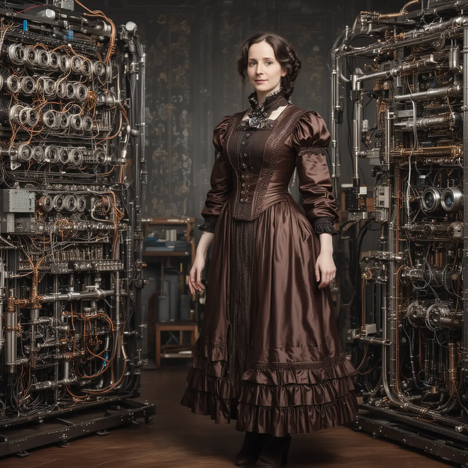 Ada Lovelace, stood in steampunk clothes, in front of a quantum computer