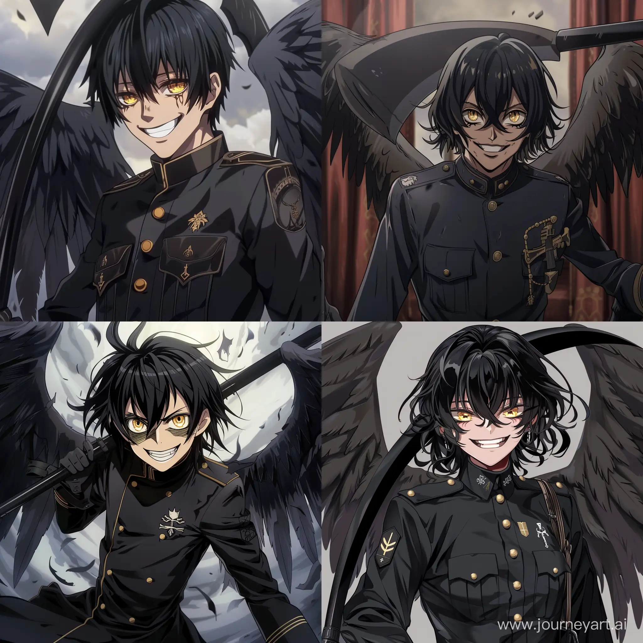 A smiling angel of death with black hair and golden eyes, with black scythe, in black uniform in anime style