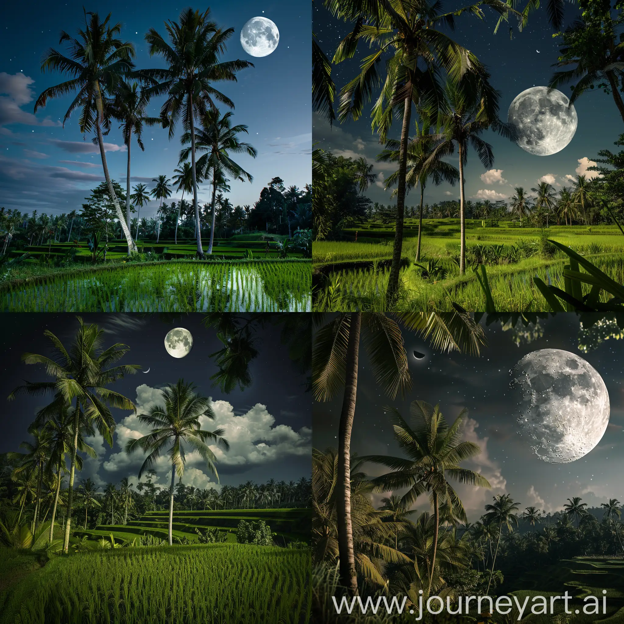 Suasana Malam Di Sawah padi. Ada pokok kelapa. Bulan mengambang. Realistic photography 