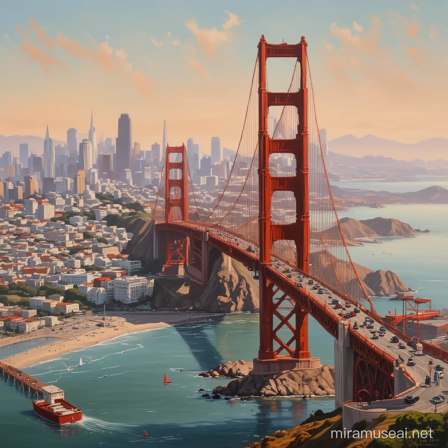 Urban citylife, San Francisco Skyline, Golden Gate bridge, beautiful balance, minimalistic oil painting