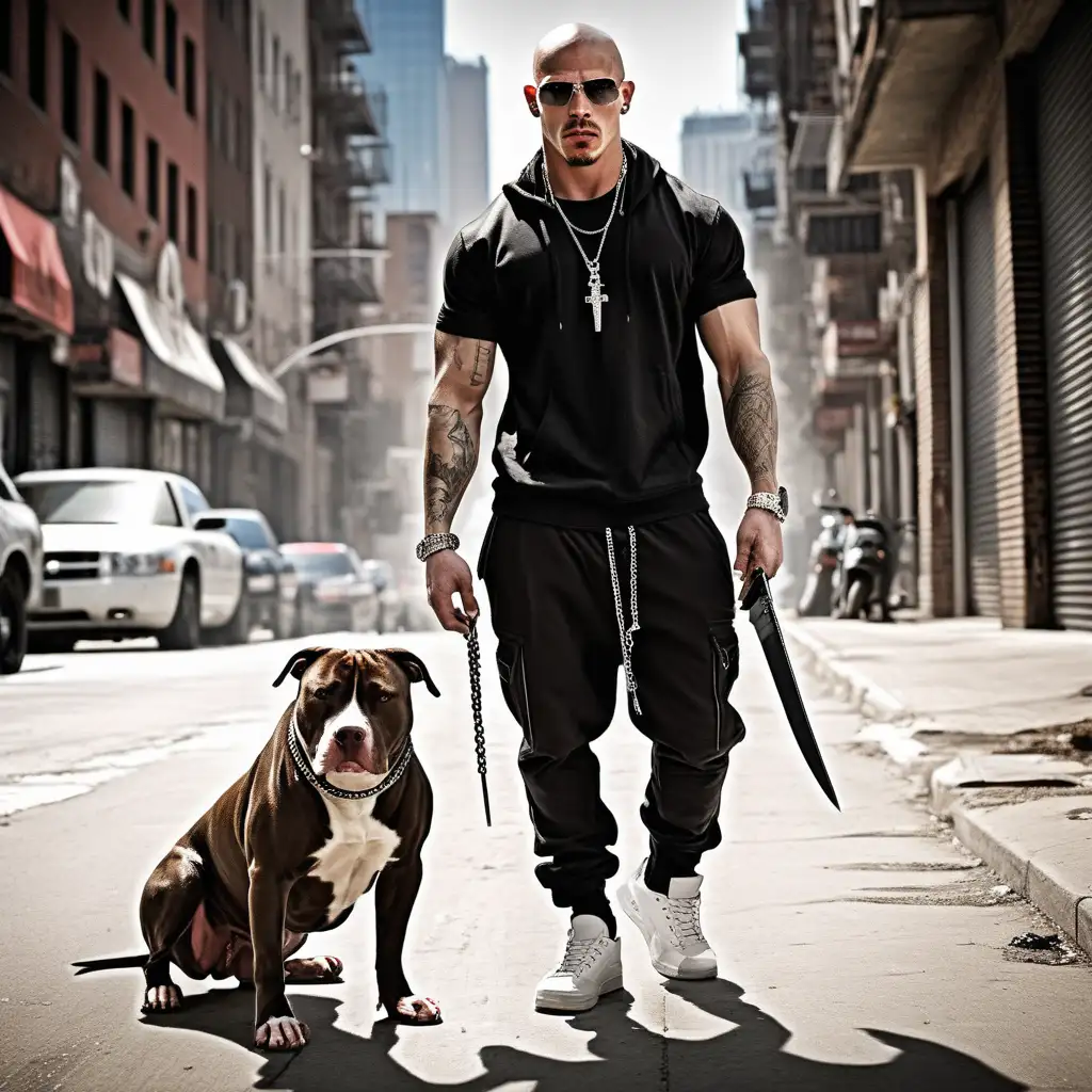 fit man, gangsta clothes, knives, pitbull dog, city streets, day