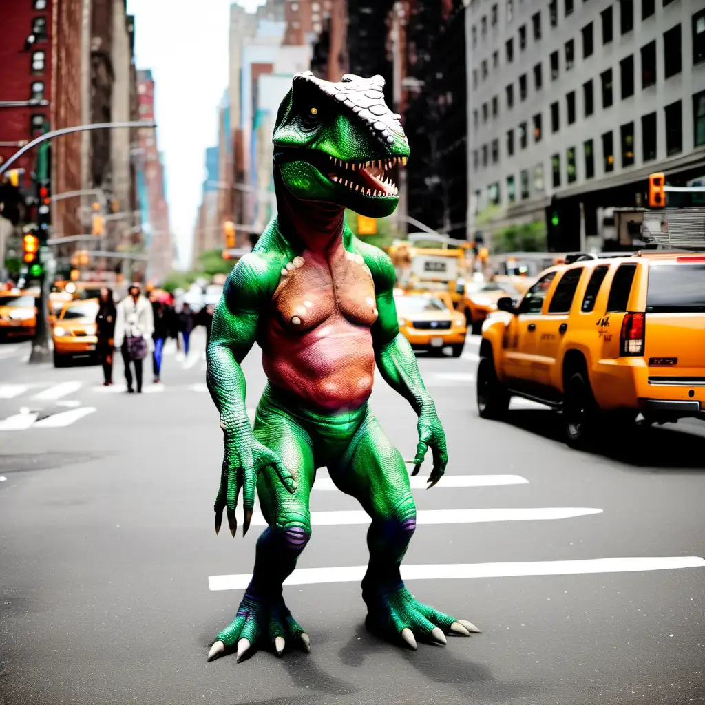 Transgender Man Dinosaur Strolling Through Vibrant NYC Streets