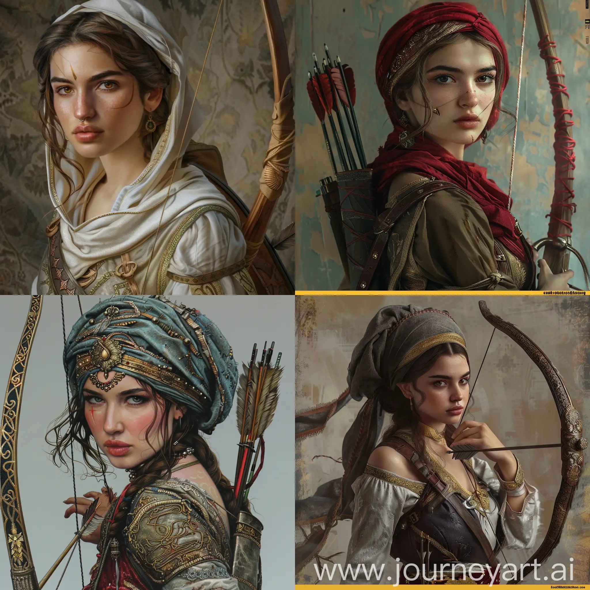 beauty girl , Medieval , Türkish Warrior with bow, ultra realistic , Stern-eyed
