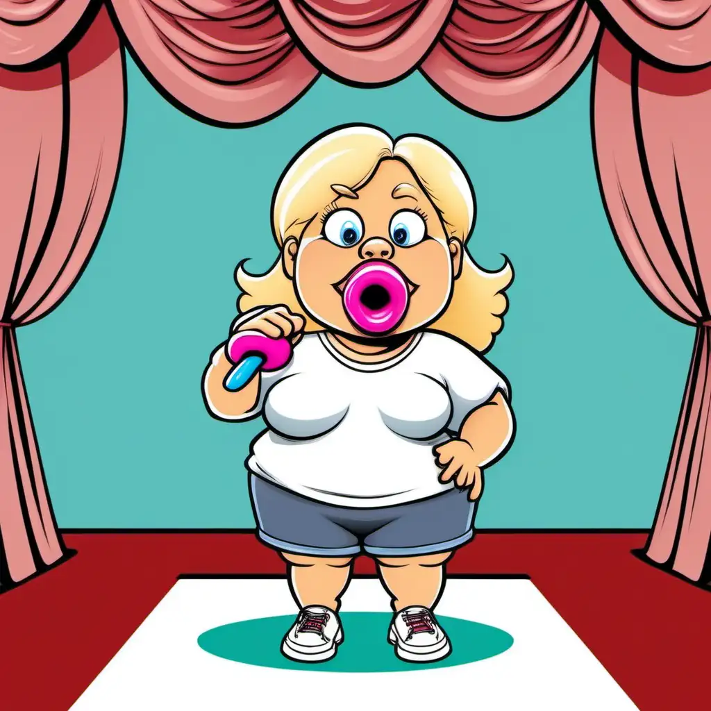 Playful Cartoon Character Blonde Woman with Pacifier on Stage