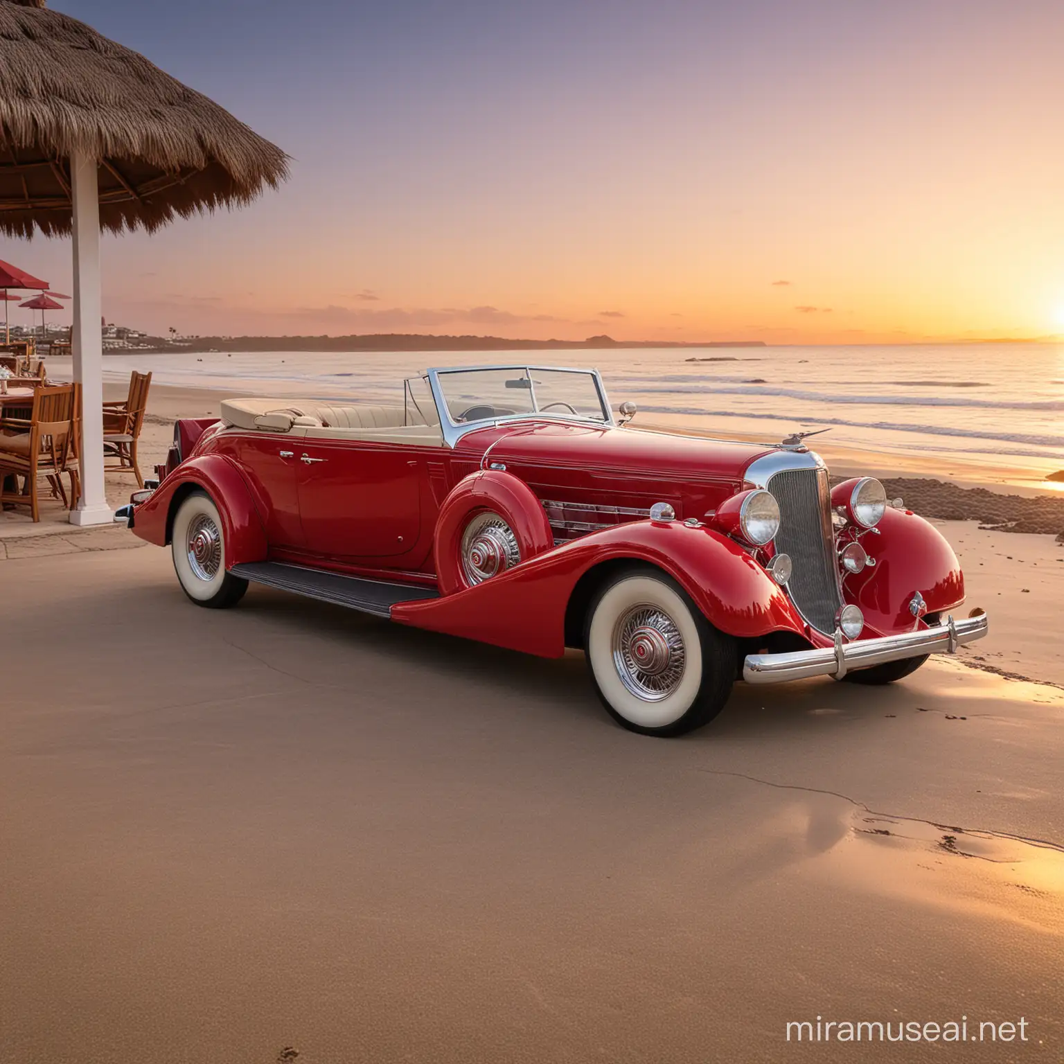 Classic Red and Cream Cadillac at Sunset Beach Cafe