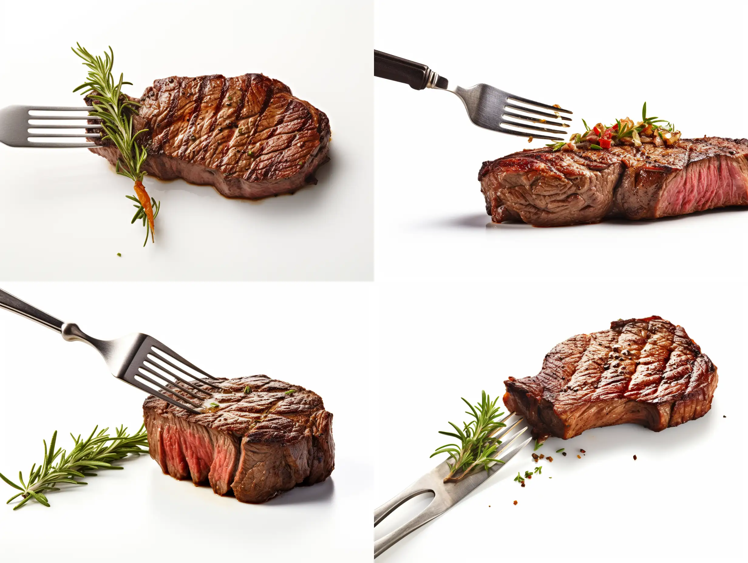 a grilled over sized steak on a fork, photo, high quality, white background