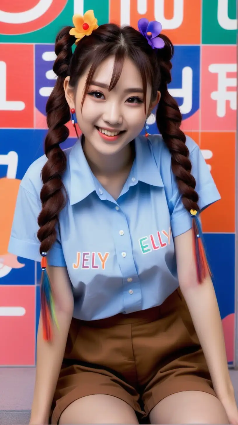 A very beautiful Japanese girl with a smile, long hair tied into pigtails on two sides, namely the left and right of her head. jelly lipstick, flower earrings, blue shirt, brown wide trousers, white sneakers, with colorful streaks-laying on colorful letters, colorful, 1080P, high quality