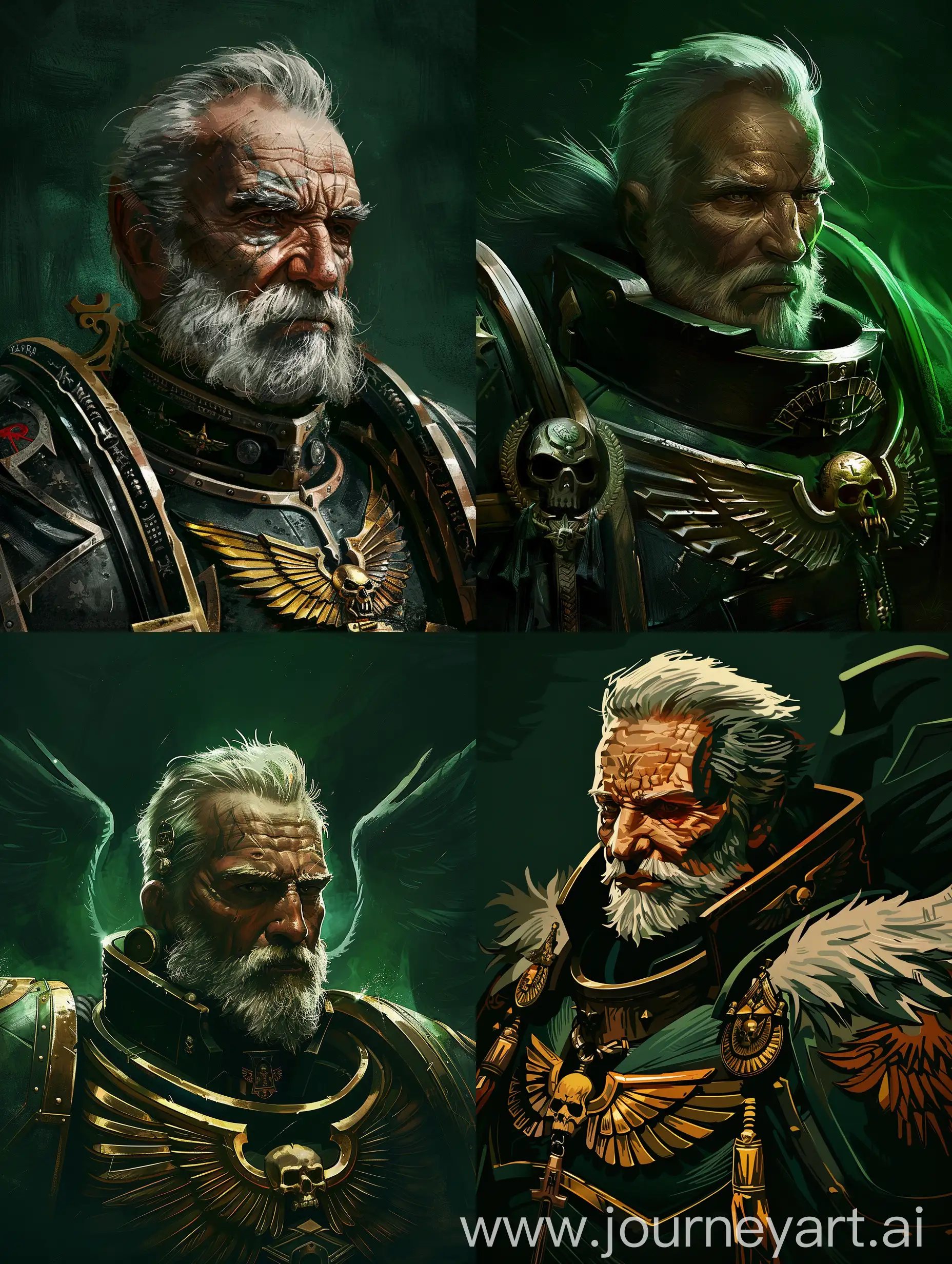 A portrait of Azrael the grand master of the Dark Angels from the Warhammer 40k universe. The background is dark green.