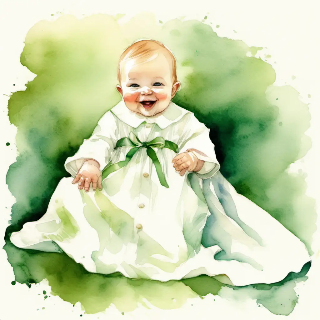 En söt , glad ,  bebis I vit lång dopklänning , i helfigur,i gröna nyanser , med vattenfärg 