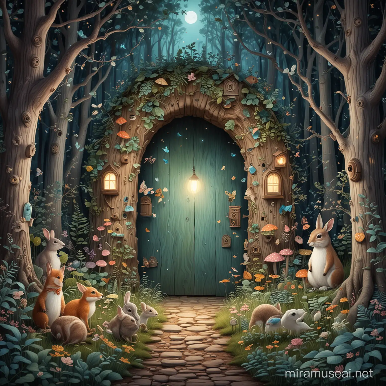 A whimsical forest filled with talking animals, hidden doorways, and trees that come to life at night. Whimsical art, soft colors