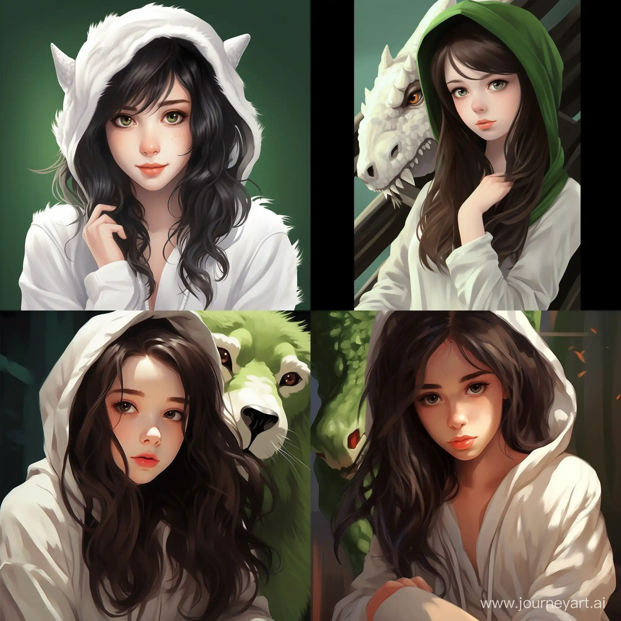 Beautiful girl, straight dark hair, expressive green eyes, snow-white skin, teenager, in dinosaur kigurumi, thoughtful, high quality, high detail, cartoon art