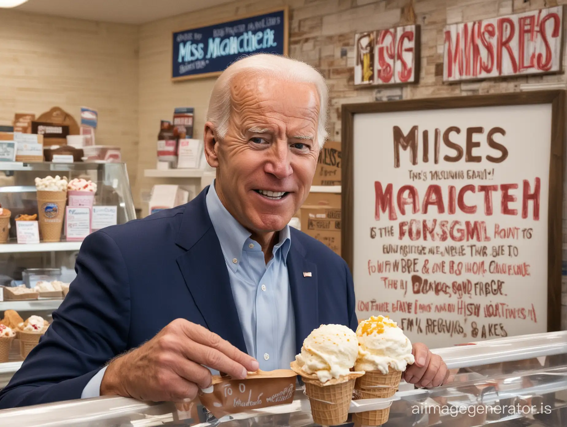 Joe Biden in an ice cream store with a Sign holding with the Text "Missmatched Realities"