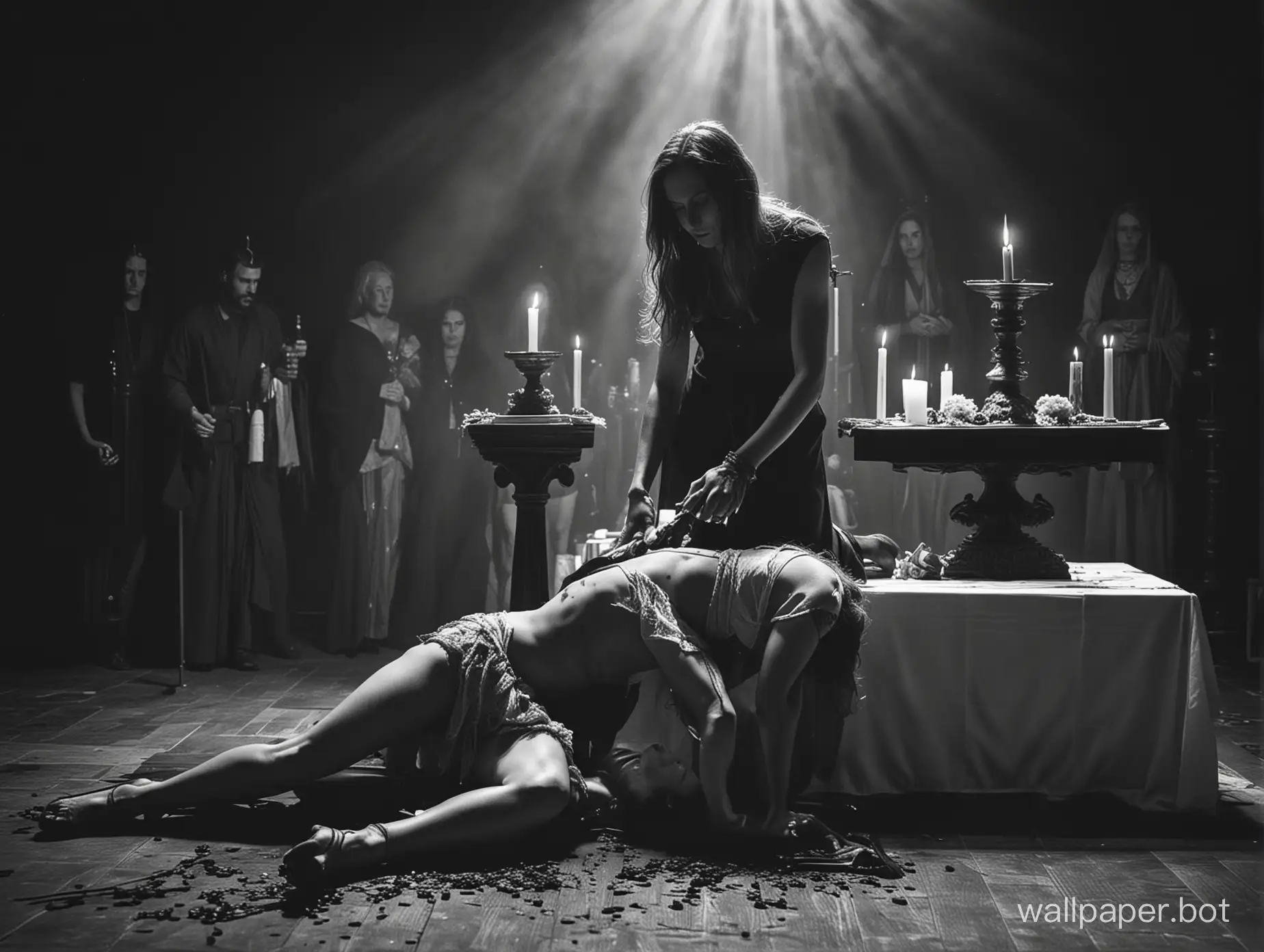 man lays woman on altar, sacrifice of a woman, girl doing satanic ritual , doing ritual in,black and white photography, high contrast photography, sharp super contrast
