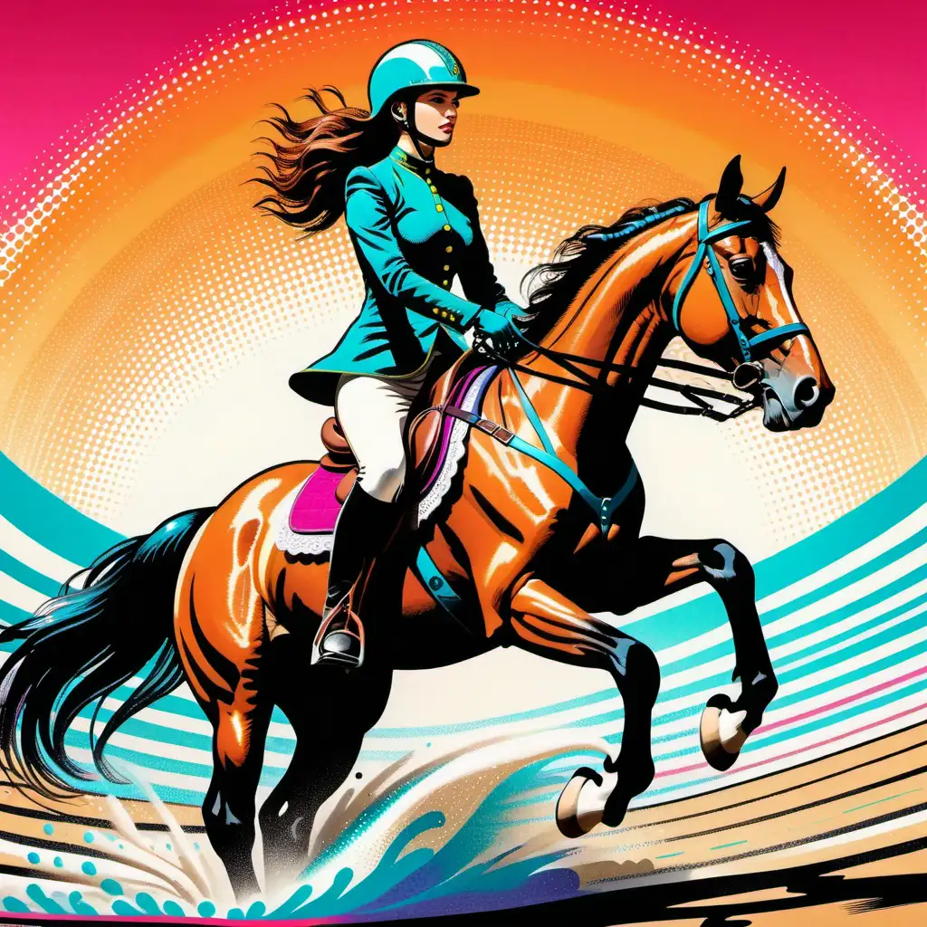 A female rider, gymkhana on horseback, pop art theme, comic book illustration, vivid colors ,dome, artistic, detailed
