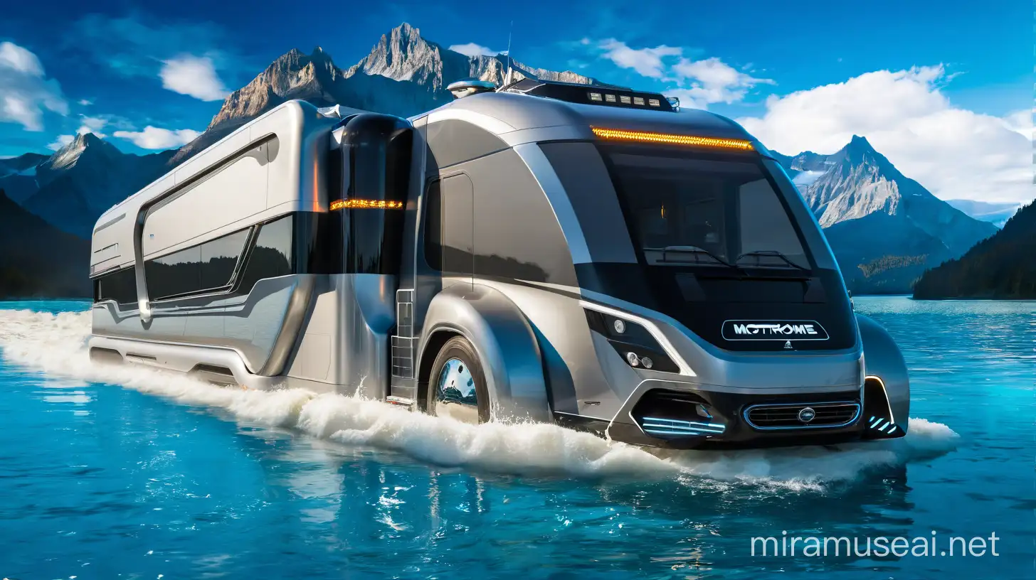 Futuristic motorhome driving on water