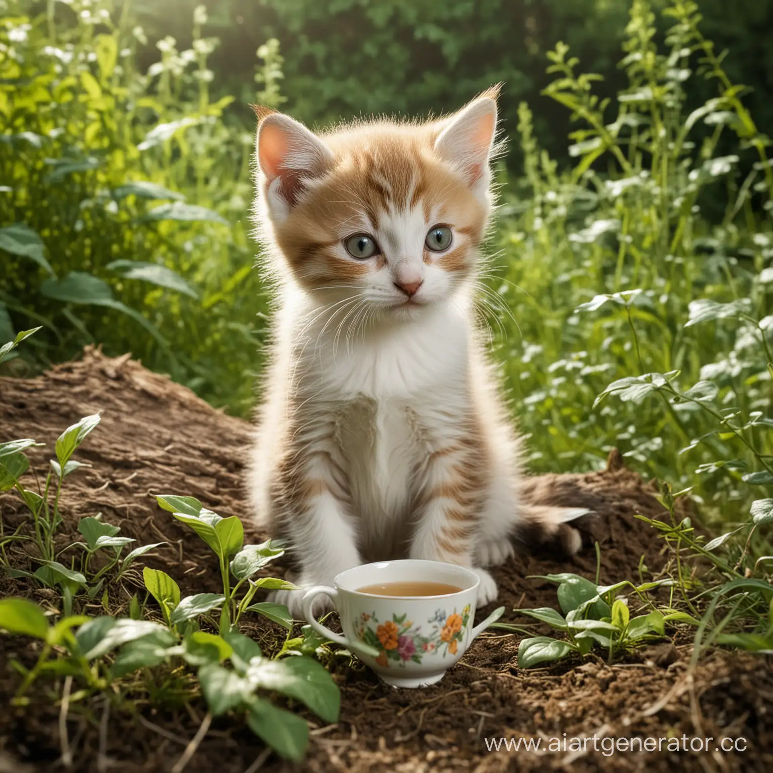 Котенок сидит на полянке и пьет чай