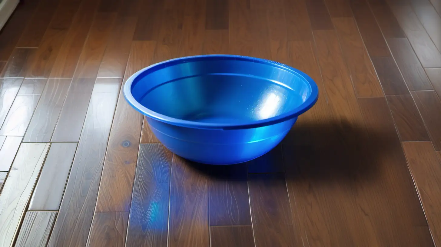 Vibrant Blue Plastic Bowl Resting on Rustic Wood Floor