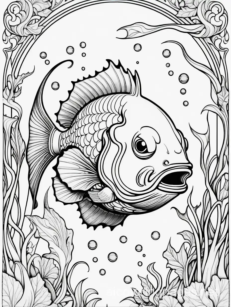 Graphic illustration Anglerfish, fantasy, ethereal, beautiful, Art nouveau,  in the style of James Jean, Coloring Page, black and white, line art, white background, Simplicity, Ample White Space. The background of the coloring page is plain white to make it easy for young children to color within the lines. The outlines of all the subjects are easy to distinguish, making it simple for kids to color without too much difficulty