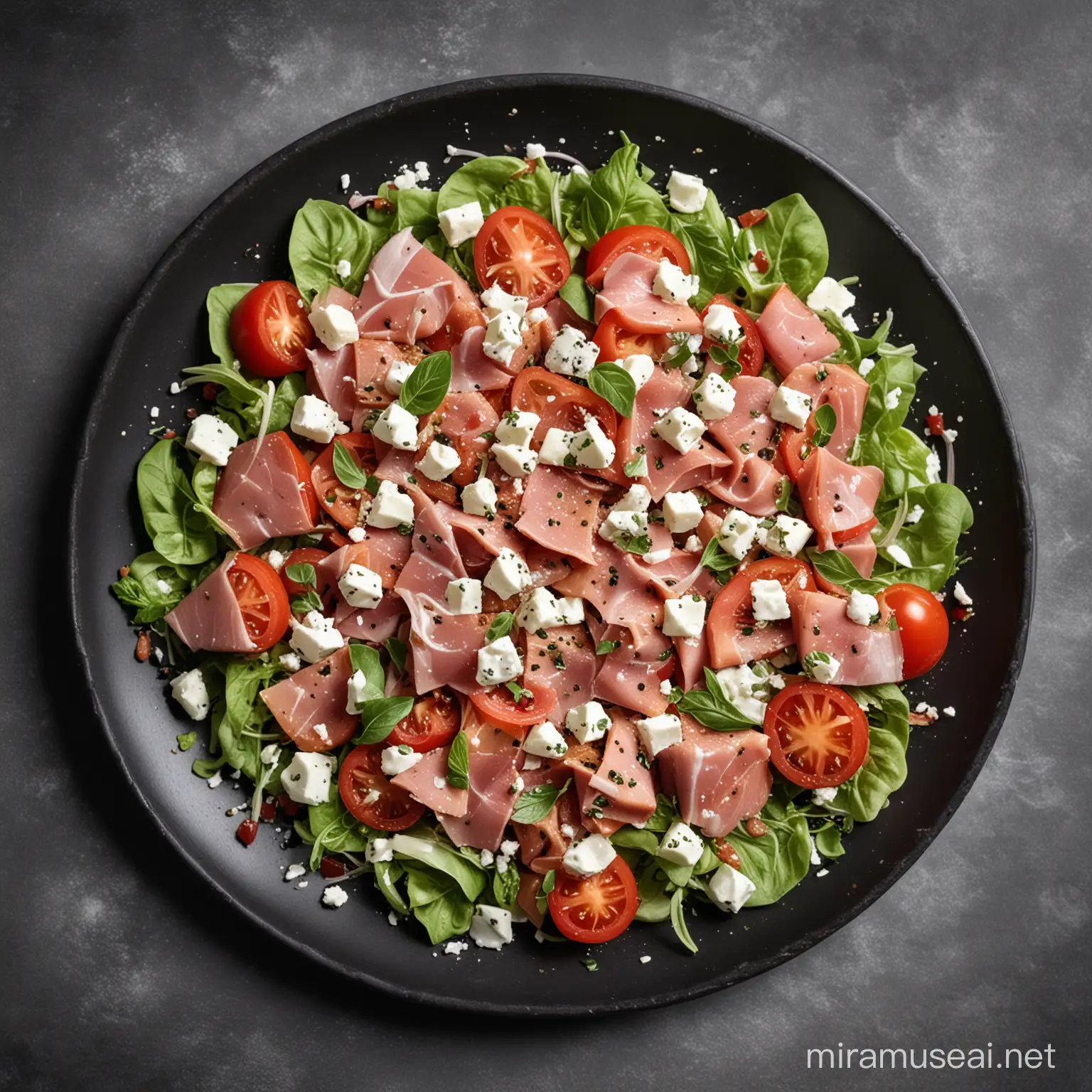 insalata con prosciutto cotto a pezzi, pomodori e stracciatella in un piatto rotondo nero inquadrata dall alto